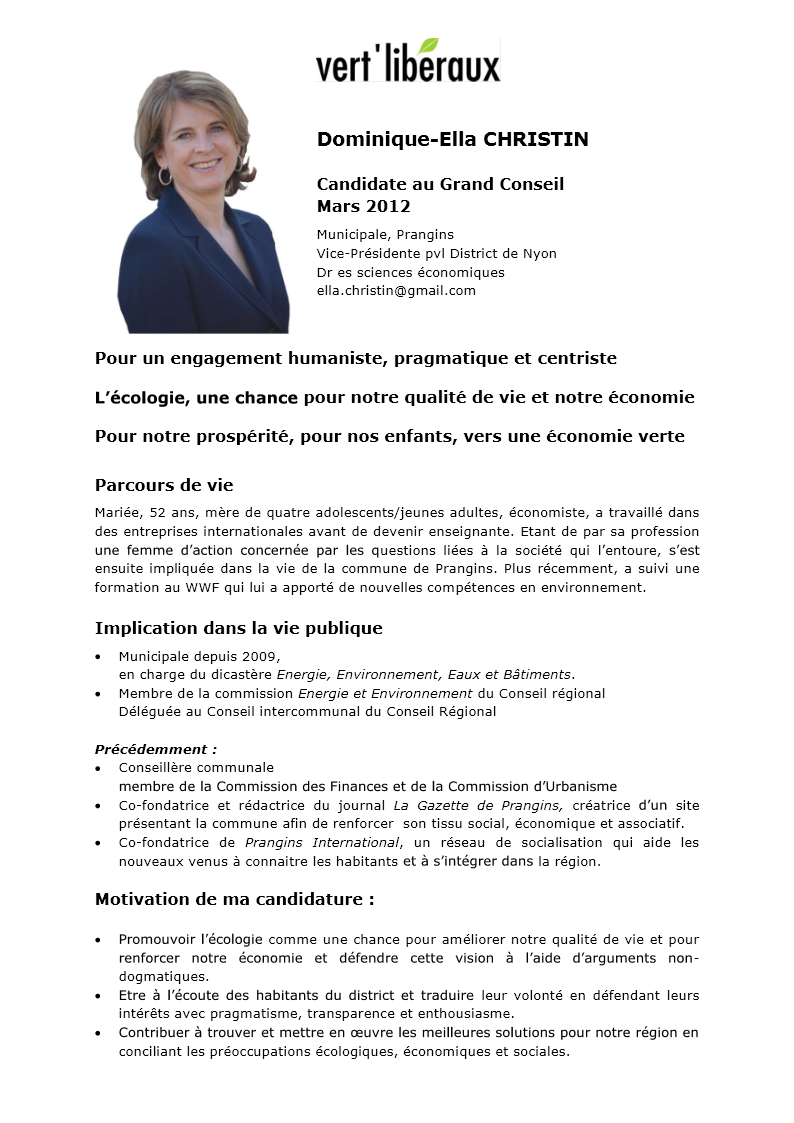 Dominique-Ella Christin vert’libéraux Candidate au Grand Conseil Mars 2012